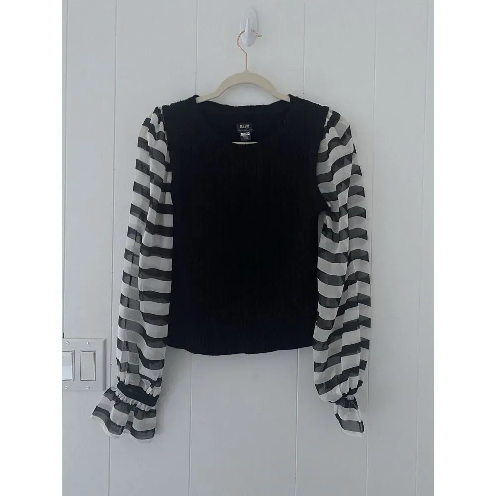 Anthropologie Maeve Small Cableknit Sweater Sheer Black & White Stripe Sleeves - Picture 2 of 7